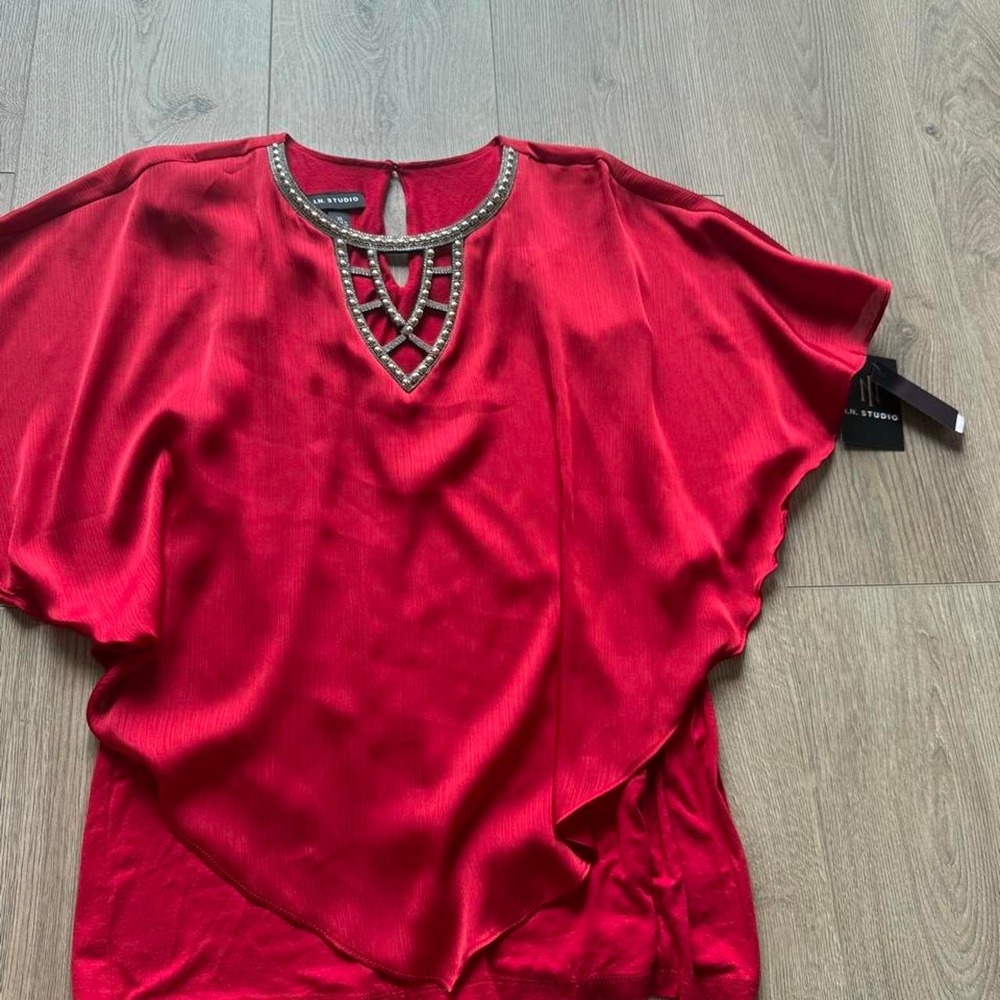 NWT I.N. Studio Red Embellished Cape Overlay Blouse Women's XL